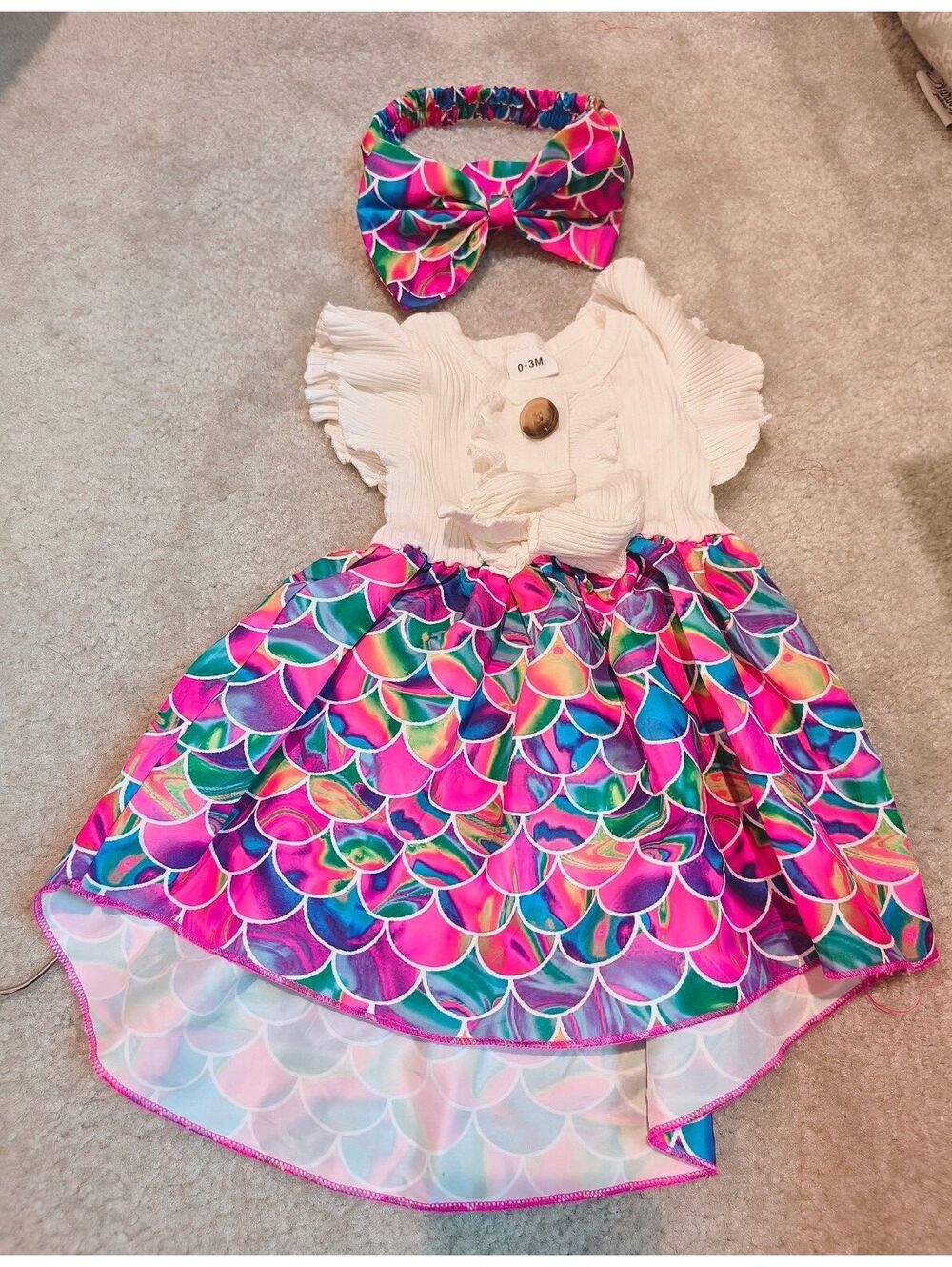 Baby Girl's Colorful Mermaid Scale Dress with Matching Headband 0-3 Months